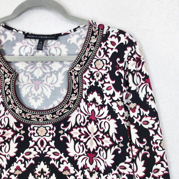 WHBM Dress Womens Medium Black Pink Damask Bell Long Sleeve Mini Shift Casual - Picture 2 of 10